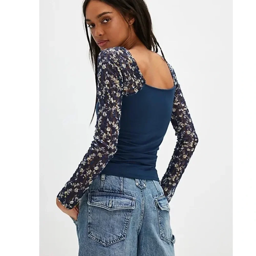 Free People Josie Long-Sleeve Top Indigo Blue Combo sz Medium